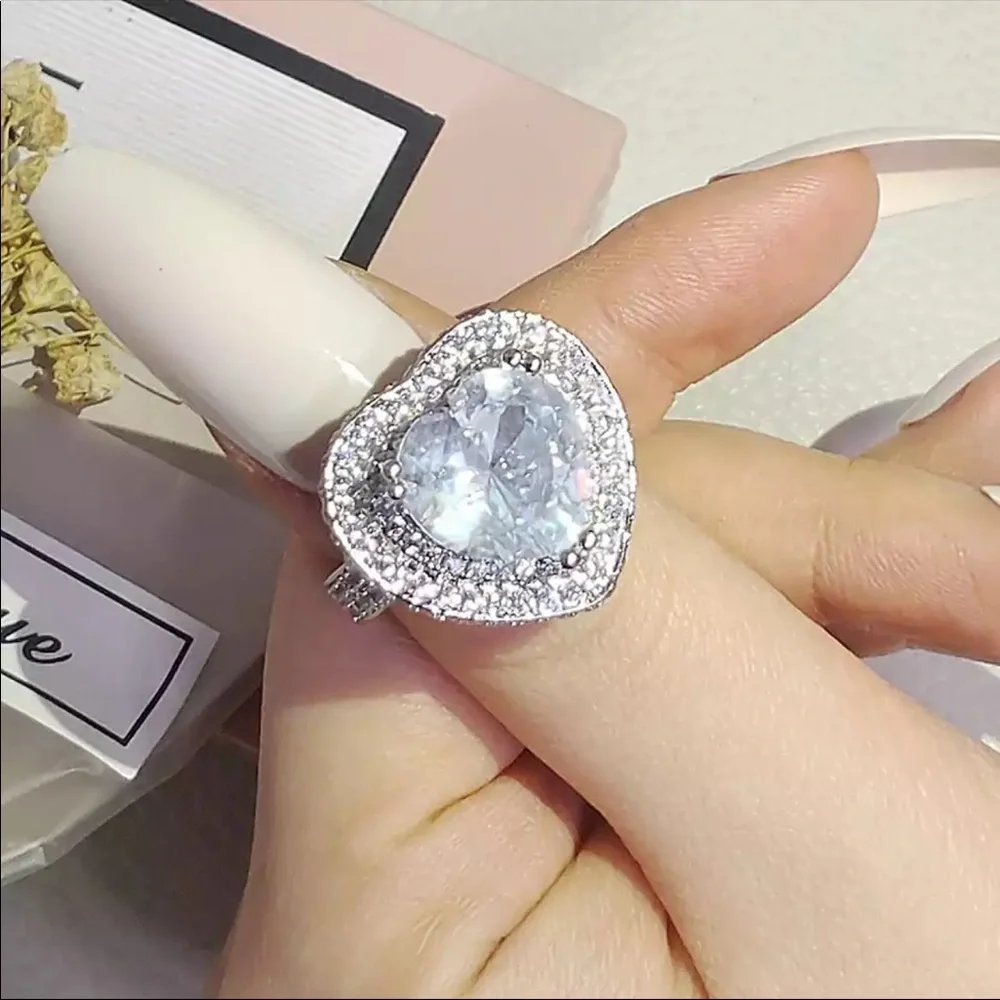 New Luxury Big Heart 925 Silver Diamond Engagement Ring - Picture 3 of 6